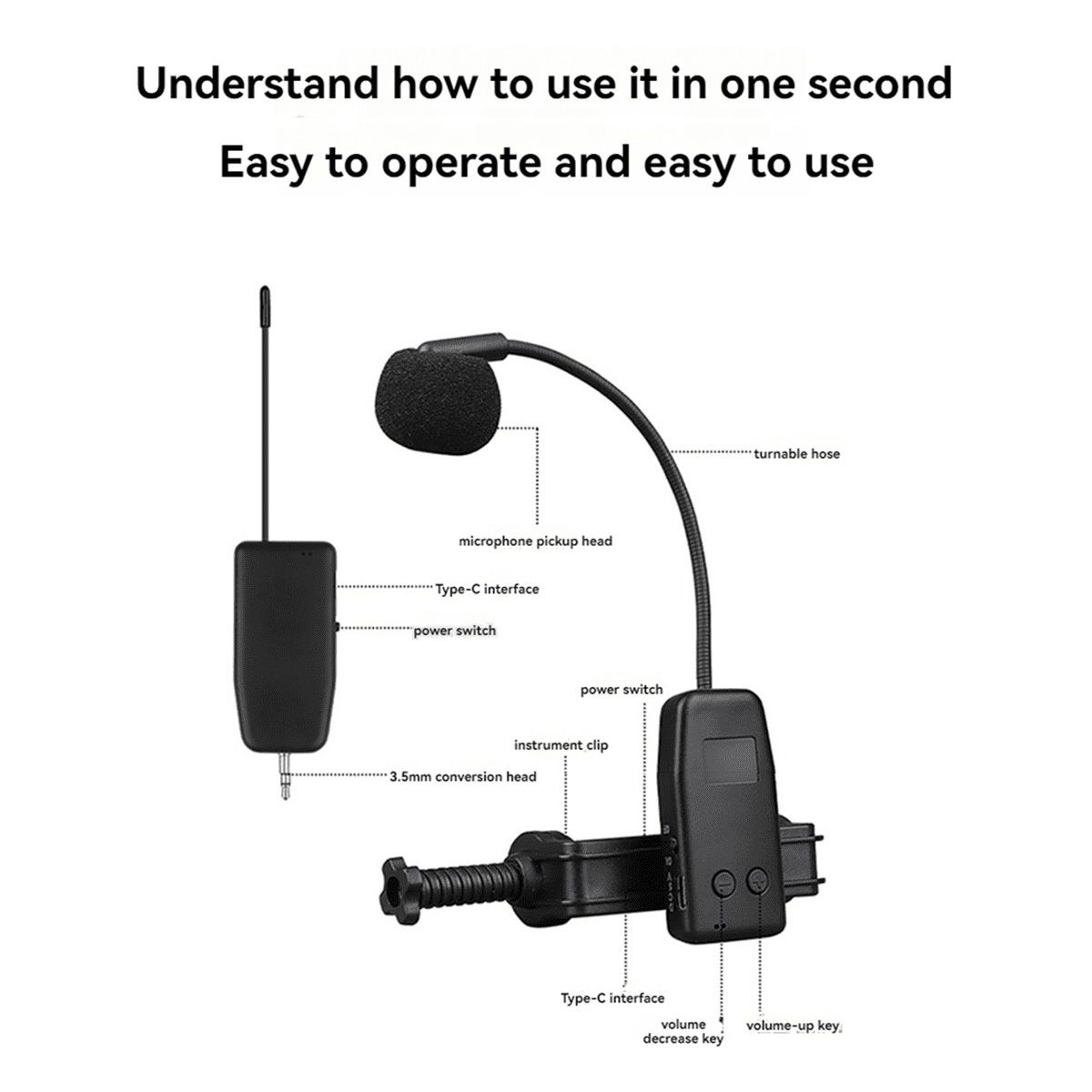 2X Violin Wireless Microphone Musical Instrument Microphone Stage Performance Audio Receiver and Transmitter Long Clip,Black