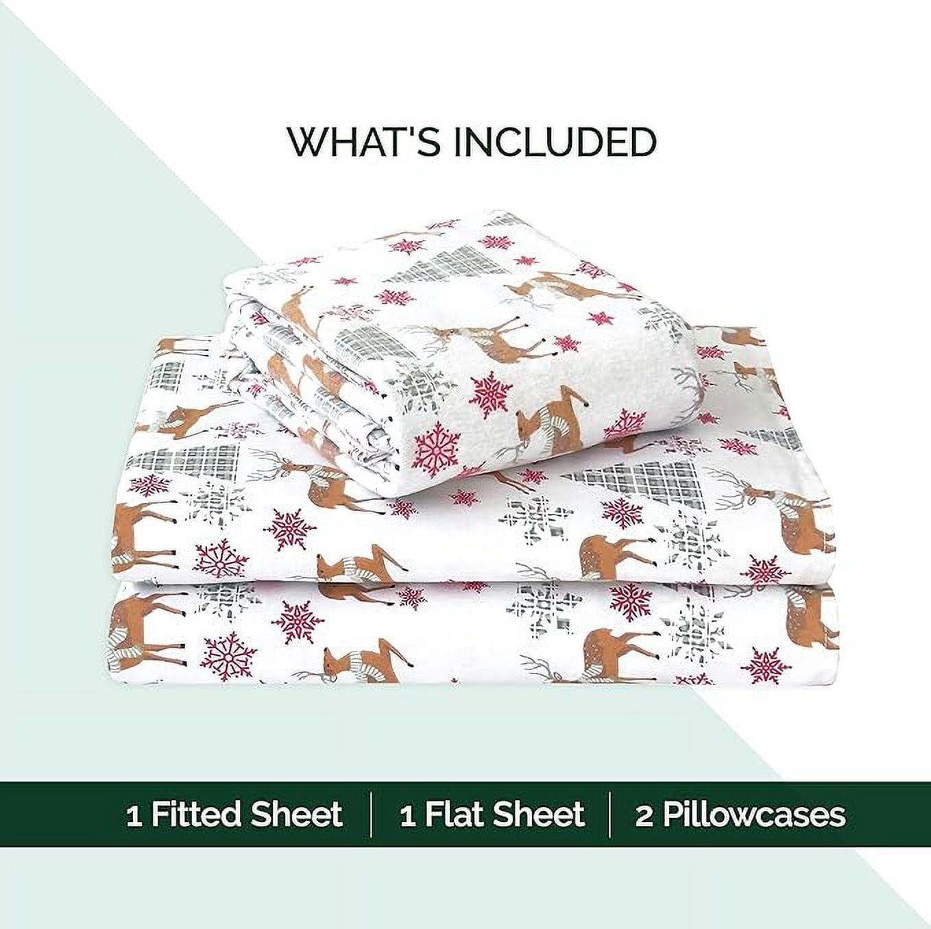 Elegant Comfort - 4 PIECE Holiday Christmas Flannel Cotton Sheet Set, Deep Pocket Fitted - Queen, Plaid Deer