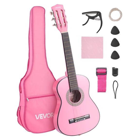 VEVOR 30in Classical Guitar, Wood Guitar Starter Kit for Beginners, with Nylon Strings, Gig Bag, Strap, Tuner, Extra Strings, Picks, Capo, Basswood, for Kids Girls Boys Students, Pink