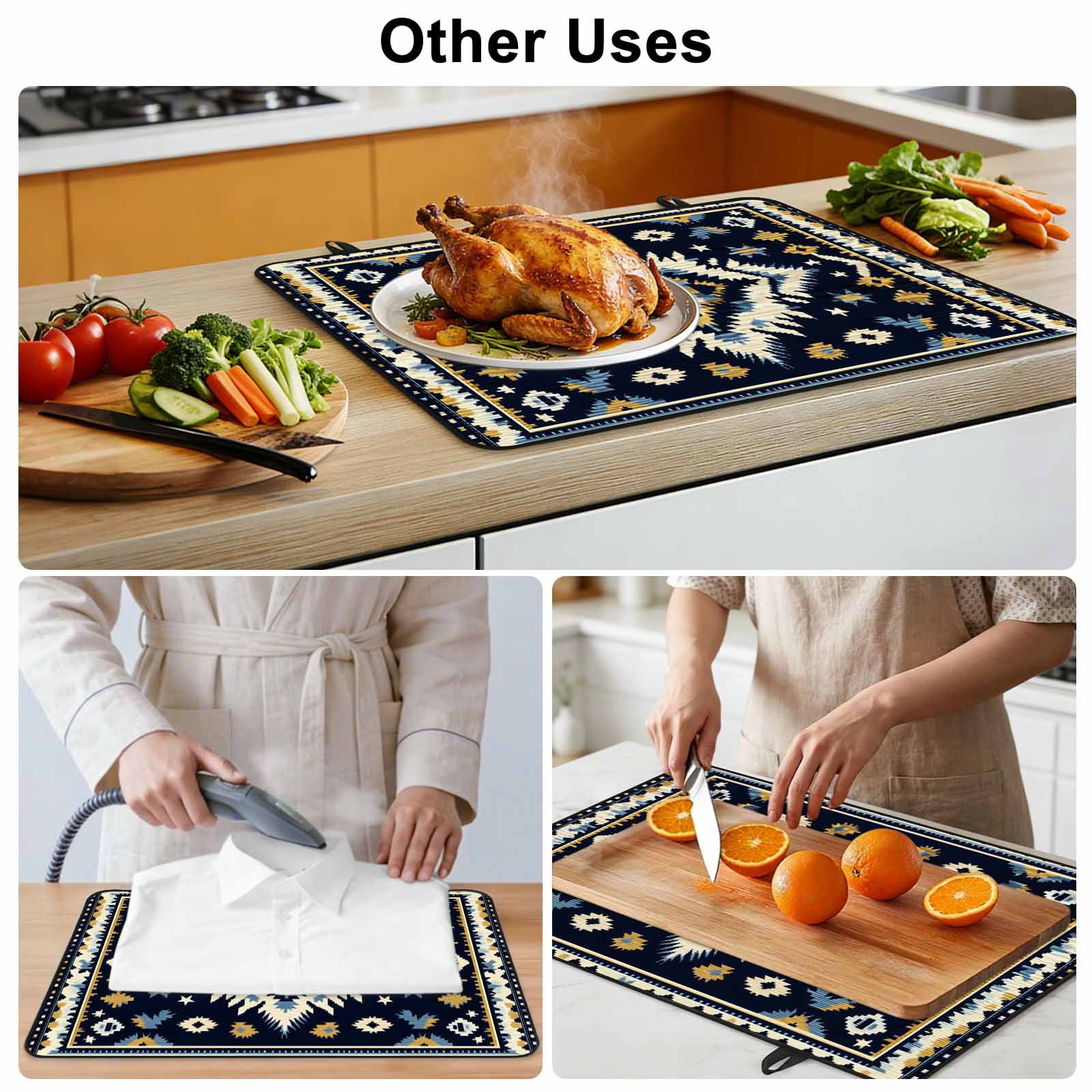 Boho Navy Blue Stove Top Cover for Electric Stove, Heat-proof & Non Slip Glass Top Stove Cover Protector, Ethnic Geometric Southwestern Retro Kitchen Flat Cooktop Rubber Mat 24x21 Inches