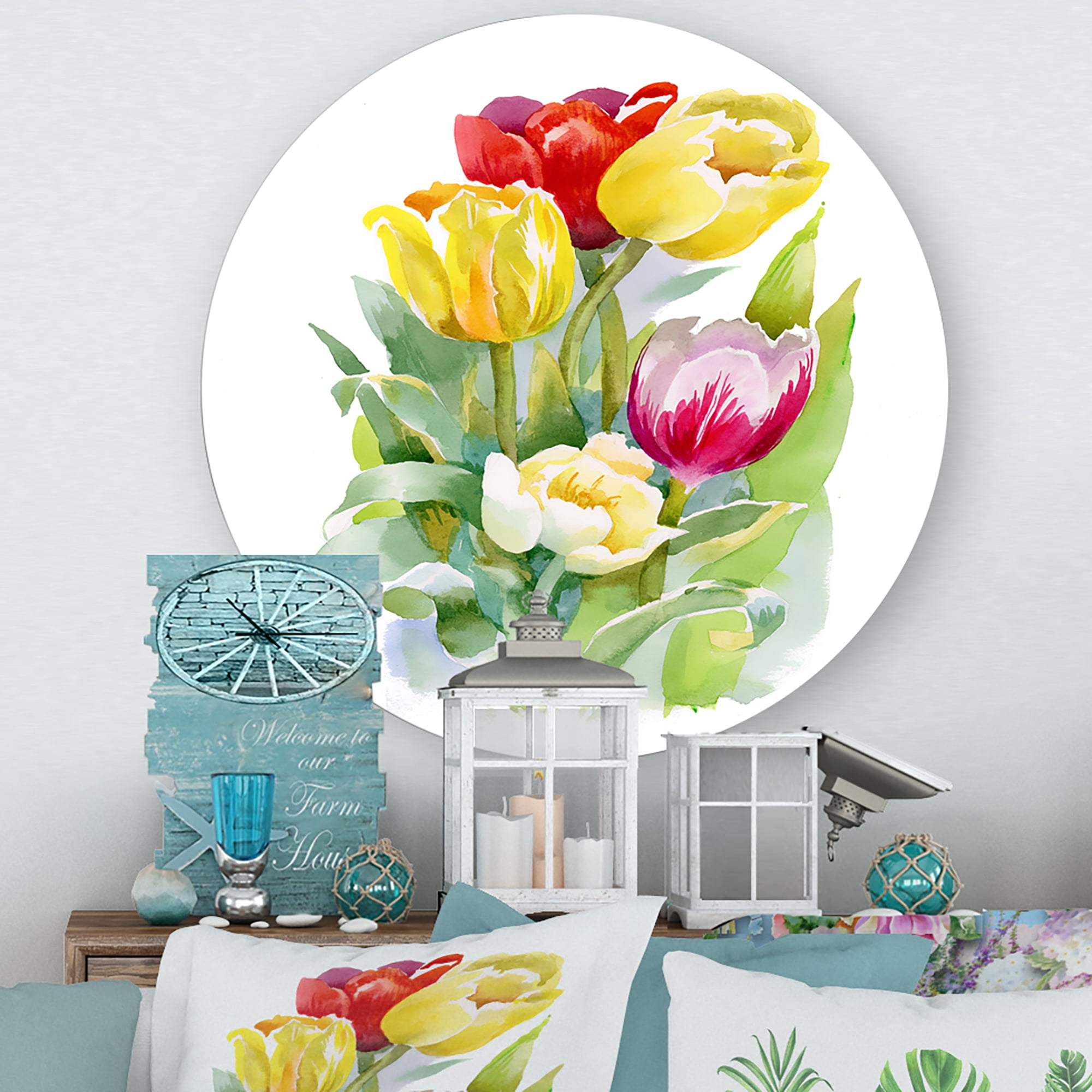 Designart 'Bouquet of Red and White Tulips' Traditional Circle Metal Wall Art 23x23 - Disc of 23