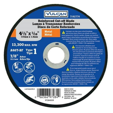 

Vulcan 972840OR Abrasive Cut-Off Wheel Aluminum Oxide 4-1/2 Dia
