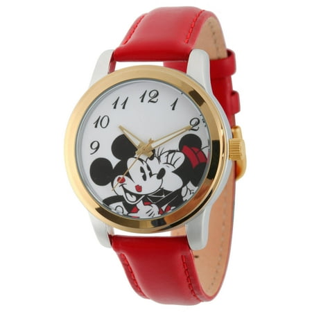 Gummy Bears Disney Mickey and Minnie Mouse Women's Two Tone Silver and Gold Alloy Watch, Red Leather Strap