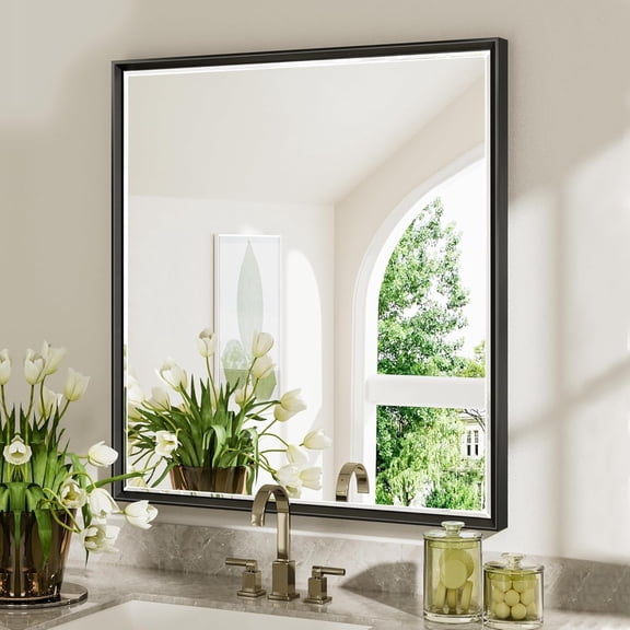 Black Framed Mirror for Bathroom, 30x36 Inch Black Rectangle Beveled Bathroom Vanity Mirror, Anti-Rust Matte Black Metal Frame Mirror for Wall, Vertical/Horizontal Wall-Mounted Mirrors