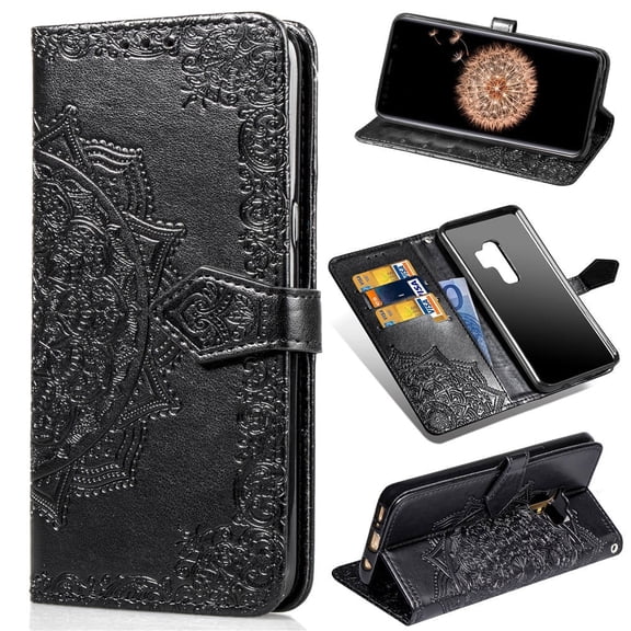 Galaxy S9 Plus Wallet Cases and Covers, Allytech Slim Premium PU Flip Stand Cover Mandala Embossed Full Body Protection with Card Holder Magnetic Closure for Samsung Galaxy S9 Plus, Black