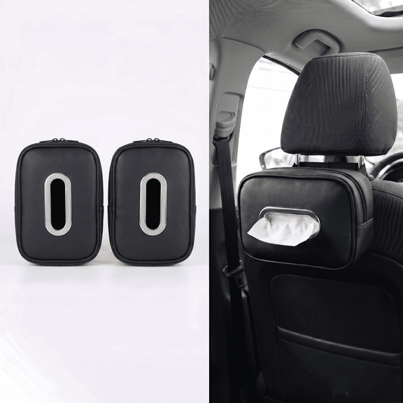 MoHern 2 Pcs Black Hanging Car Tissue Holder, Adjustable Strap Design Automotive Napkin Box, Durable Portable Tissue Storage Case for Car Seat Armrest Interior Use