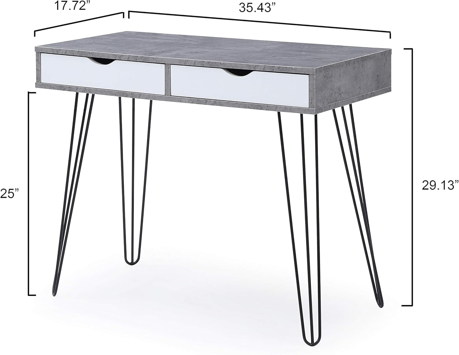 Retro Writing Desk with Drawers, Solid Hardwood Frame Computer Desk, Black Marble Grain Finish with Bent Metal Legs for Home Office, Bedroom, Dorm & Study