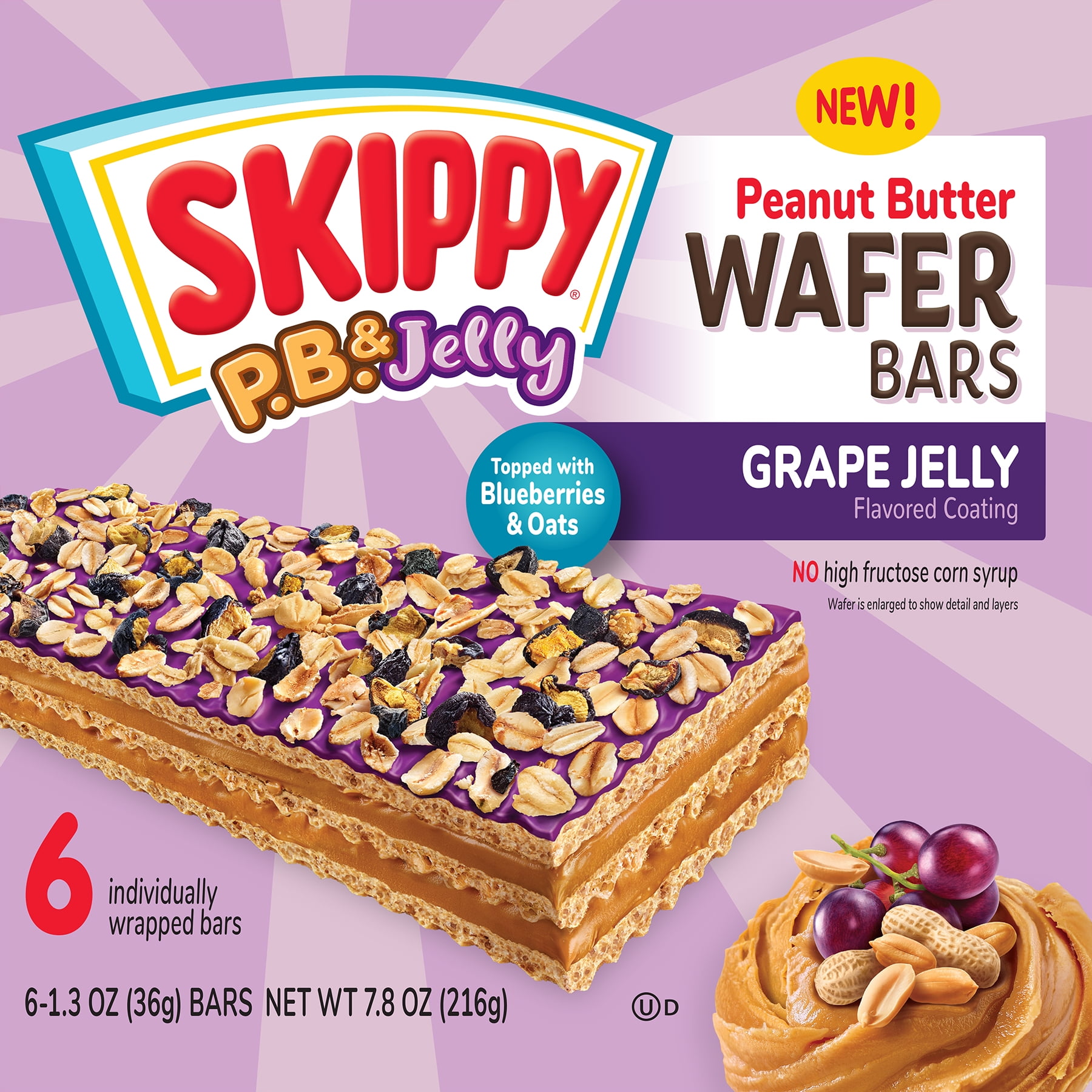(4 pack) SKIPPY P.B. & Jelly Peanut Butter And Grape Jelly Coated Wafer Bars, 7.8 oz (216g), 6 Ct (36g)/Bar