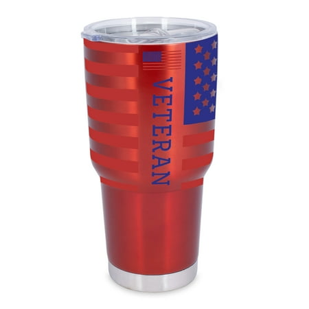 

100 North 30 Ounce Stainless Steel On the Go Travel Tumbler With Push Top Lid American Flag Veteran Red