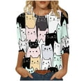 thumbnail image 2 of Tops for Women under $5 3/4 Sleeve Kitty-cat Print Round Neck Blouse White L, 2 of 5