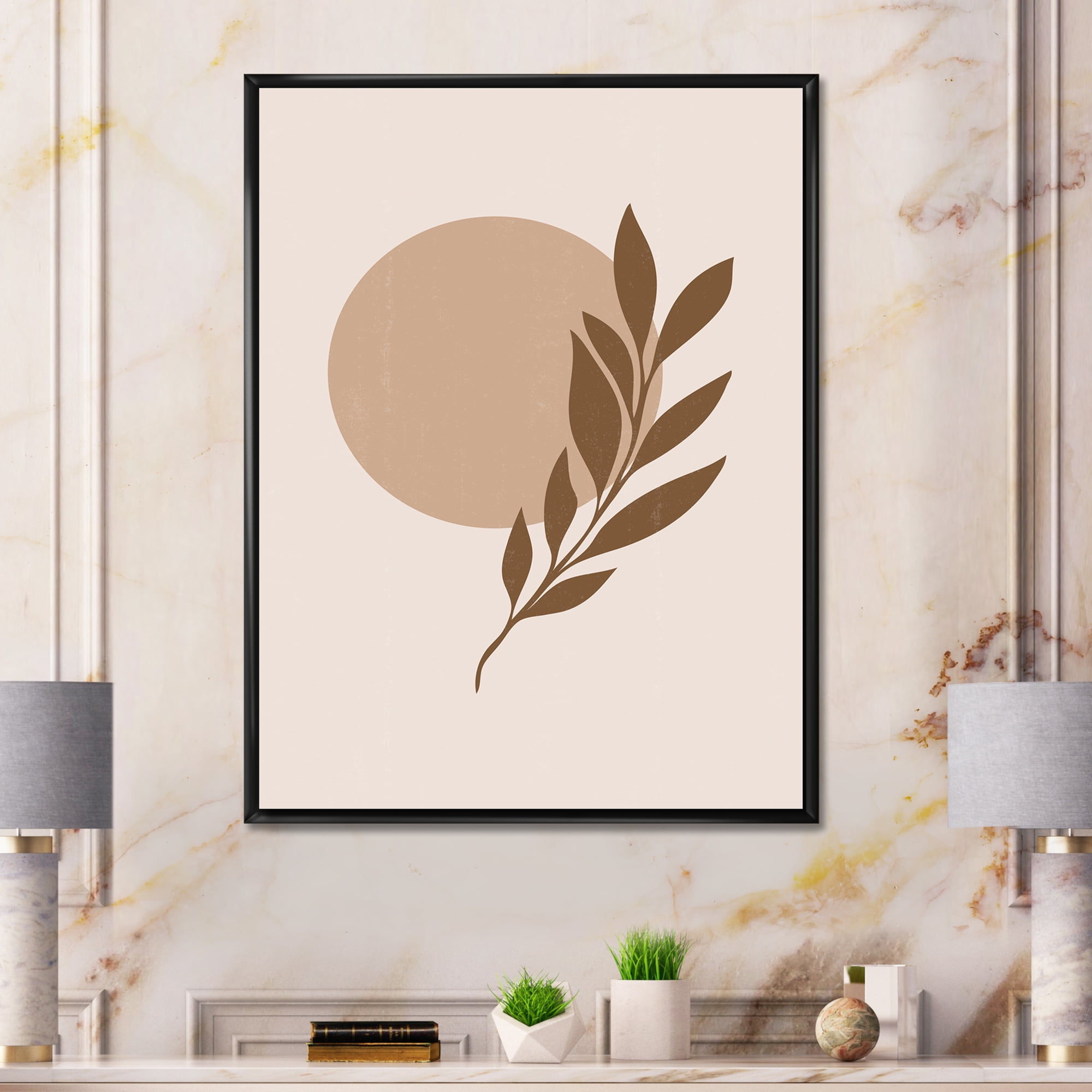 Designart 'Abstract Terracotta Moon and Sun With Tropical Leaf' Modern Framed Canvas Wall Art Print