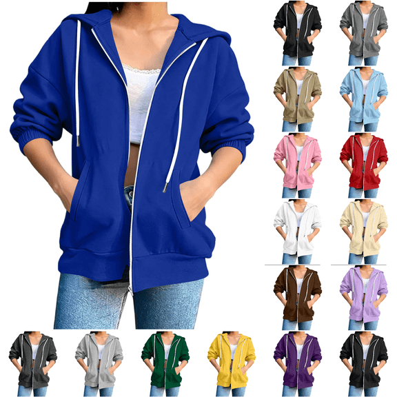XUNKUSGA Hoodies for Women Zip Up Lightweight Solid Color 3/4 Sleeve Jackets for Women Fashion Basic Casual Sweatshirt for Women with Slant Pockets S-2XL,Navy