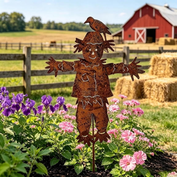 Rustic Metal Scarecrow Garden Stake with Crow, 23" Rusty Weathered Iron Scarecrow Crow Lawn Ornament, Fall Harvest Yard Art for Farmhouse Garden or Autumn Decoration(Q)