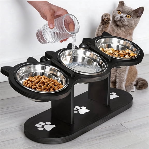 Cat Food Bowl Rack, Pet Feeder, 15° Angle Elevated Cat Food Bowl Lift Stand, Non-Slip Raised Cat Bowl, 3-Piece Stainless Steel Set with Adjustable Height