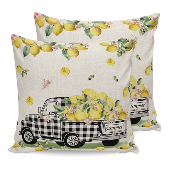 24x24 Pillow Covers Set of 2, Summer Lemons Square Throw Pillow Covers for Couch/Sofa/Living Room, Rustic Black Plaid Truck Fruits Burlap Decorative Soft Pillowcases for Couch Throw Pillows