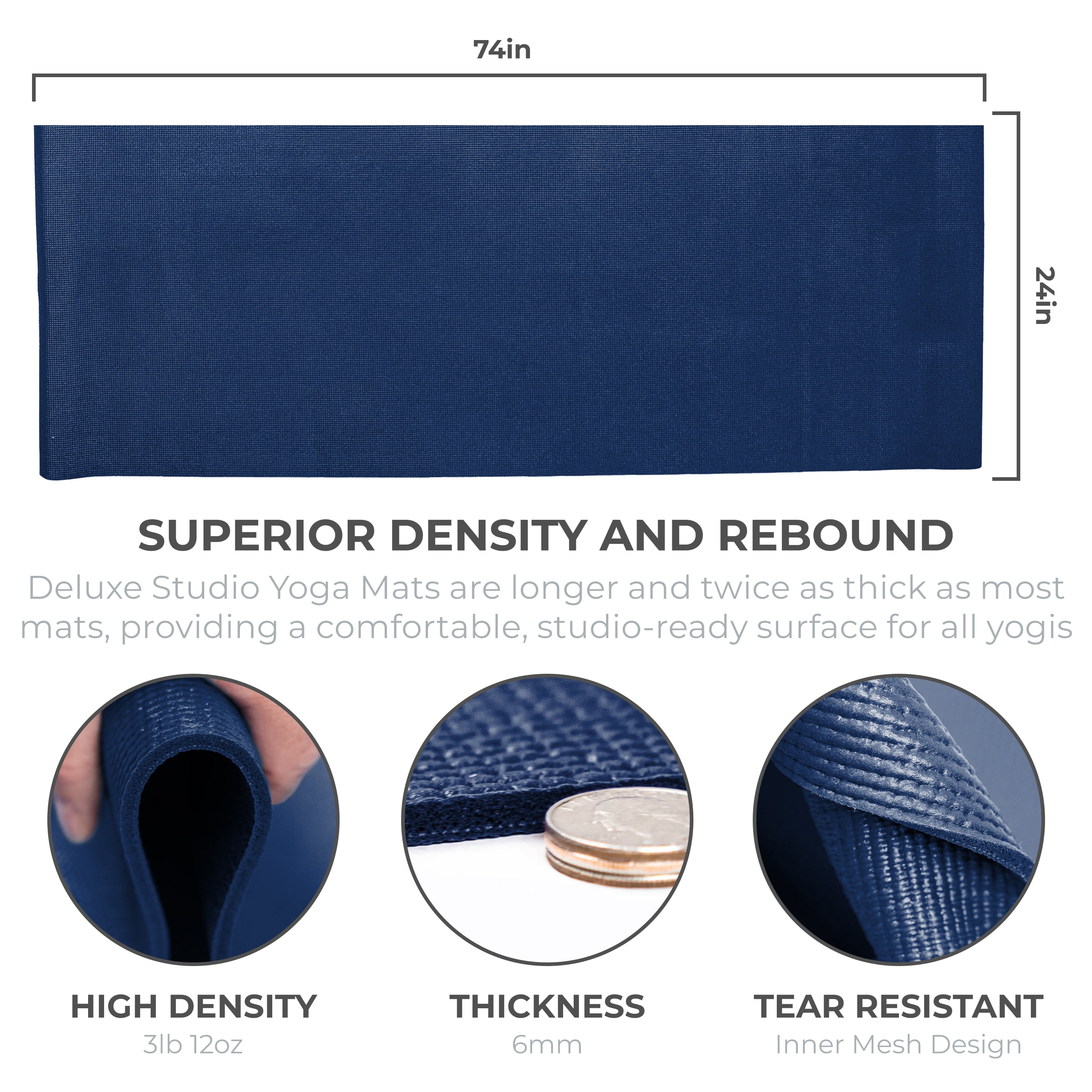 Sunshine Yoga - Deluxe Extra Thick Yoga Mats - Wholesale 10-Pack - (74" x 24" x 6mm - Extra Long 74", Thick 6mm, Non-Slip - Durable (Dark Blue)