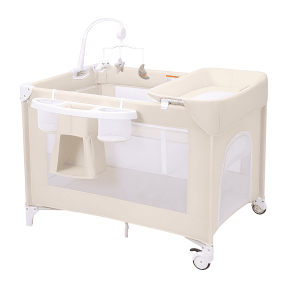 4-in-1 Baby Playard with Bassinet,Portable Bedside Crib Sleeper,Easy Setup & Diaper Changer,One-Touch Foldable Design with Wheels for Newborns,Beige