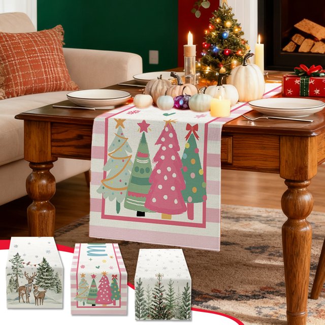 Camino de Mesa Navideño con Copos de Nieve | Material: Lino | Diseño Multicolor | 180 X 33 Cm | Ideal para Restaurantes y Fiestas