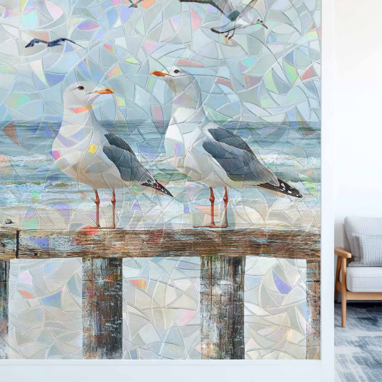 Rainbow Window Privacy Film, Coastal Seagull Static Cling Decorative Window Film PVC, Summer Beach Ocean Birds Retro No Glue UV Blocking Glass Covering, Removable Stained Glass Sticker 23.6''x59''