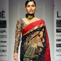 Black Red Pure Silk Hand Painted Kalamkari Saree