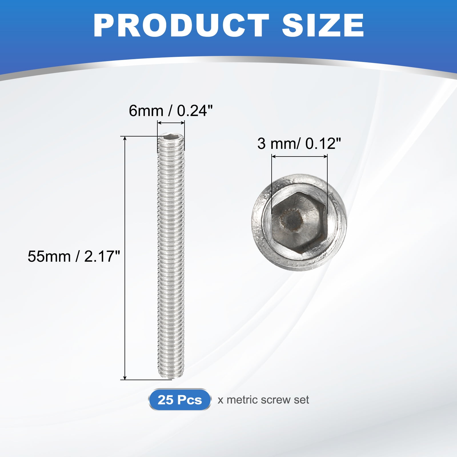 Uxcell 25Pcs M6x55mm Steel Hex Socket Grub Screw Point Grub Bolt for Repairing