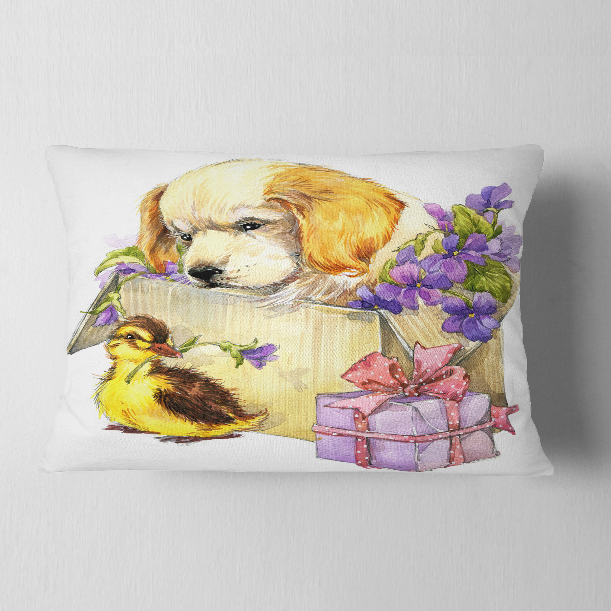 Designart Cute Puppy Dog and Duck - Contemporary Animal Throw Pillow - 12x20