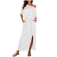 thumbnail image 2 of Nmnitkp Dresses for Women One Shoulder Short Sleeve Maxi Dress, Casual Summer Beach Dress with Pockets, Elastic Waist Split Flowy Solid Color Dress White,L, 2 of 9
