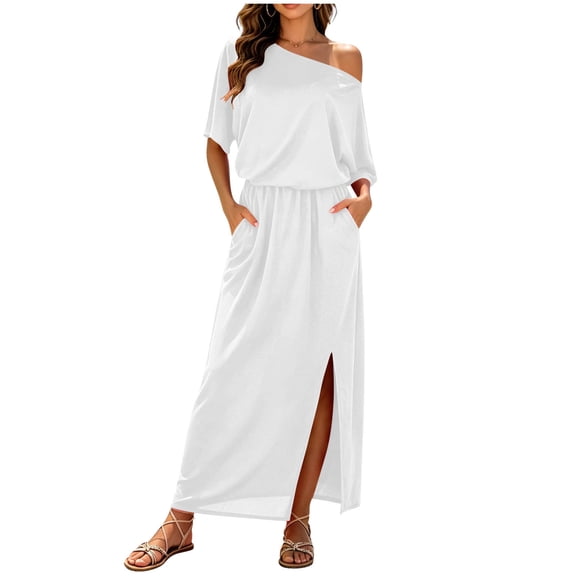 MYAOYI Dresses for Women Summer Vacation Maxi Dress Off Shoulder Short Sleeve Beach Long Dress with Pockets