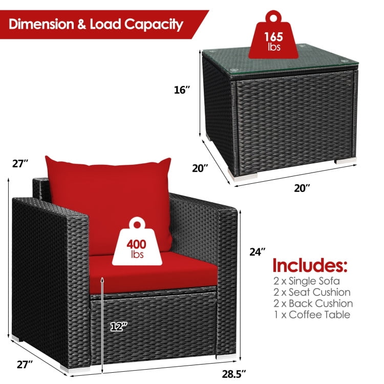 Aimee Lii 3 Pieces Patio Wicker Conversation Set with Cushion, Modern Patio Furniture, Red Aimee Lii 3 Pieces Patio Wicker Conversation Set with Cushion, Modern Patio Furniture, Red