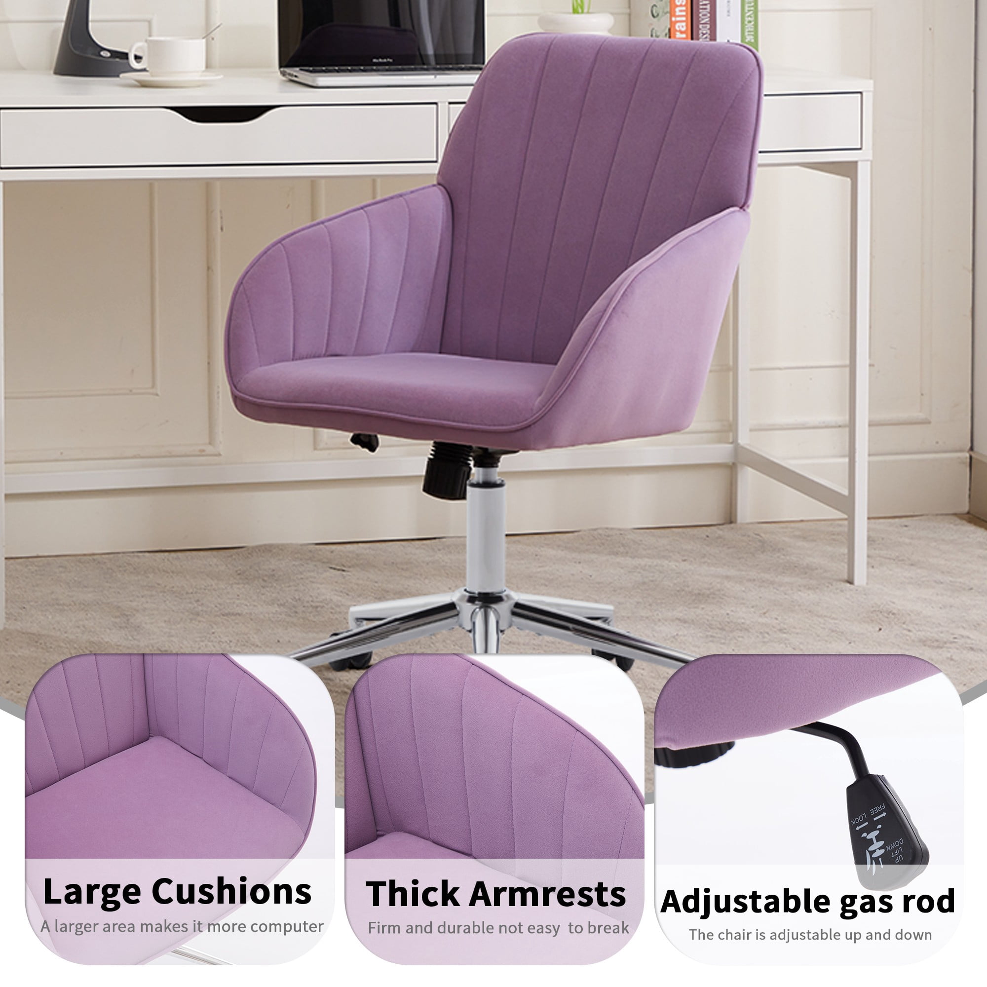 Modern Office Chair,Adjustable Arm Chair Computer Chair with Wheels,Swivel Vanity Chair for Living Room,Purple