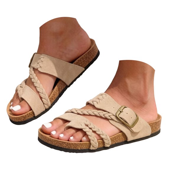 KEXE Sandals Women Womens Boho Adjustable Buckle Woven Cork Slides Outdoor Leisure Slippers(SIZE:7.5,Beige)