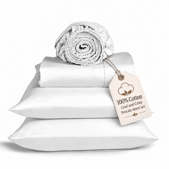 Loomsnest 4 Piece Queen Sheet Set, Cool & Crisp Percale, 100% Cotton Sheets, Deep Pockets, White