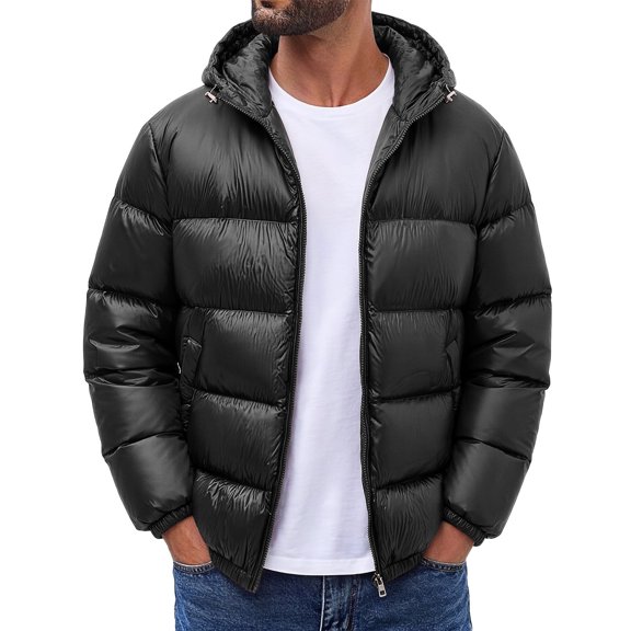 LYSMORA Mens Adjustable Drawcord Hooded Puffer Jacket Full Zip Elastic Cuff Windproof Warm Winter Daily Outer Coat Hand Pockets