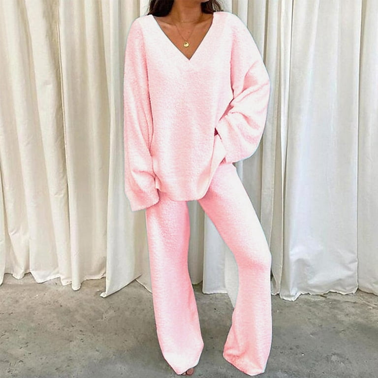RQYYD Clearance Women Two Piece Outfits Sherpa Fleece Pajamas Set V Neck  Side Split Plush Pullover Trousers Sleepwear Loungewear Pink S