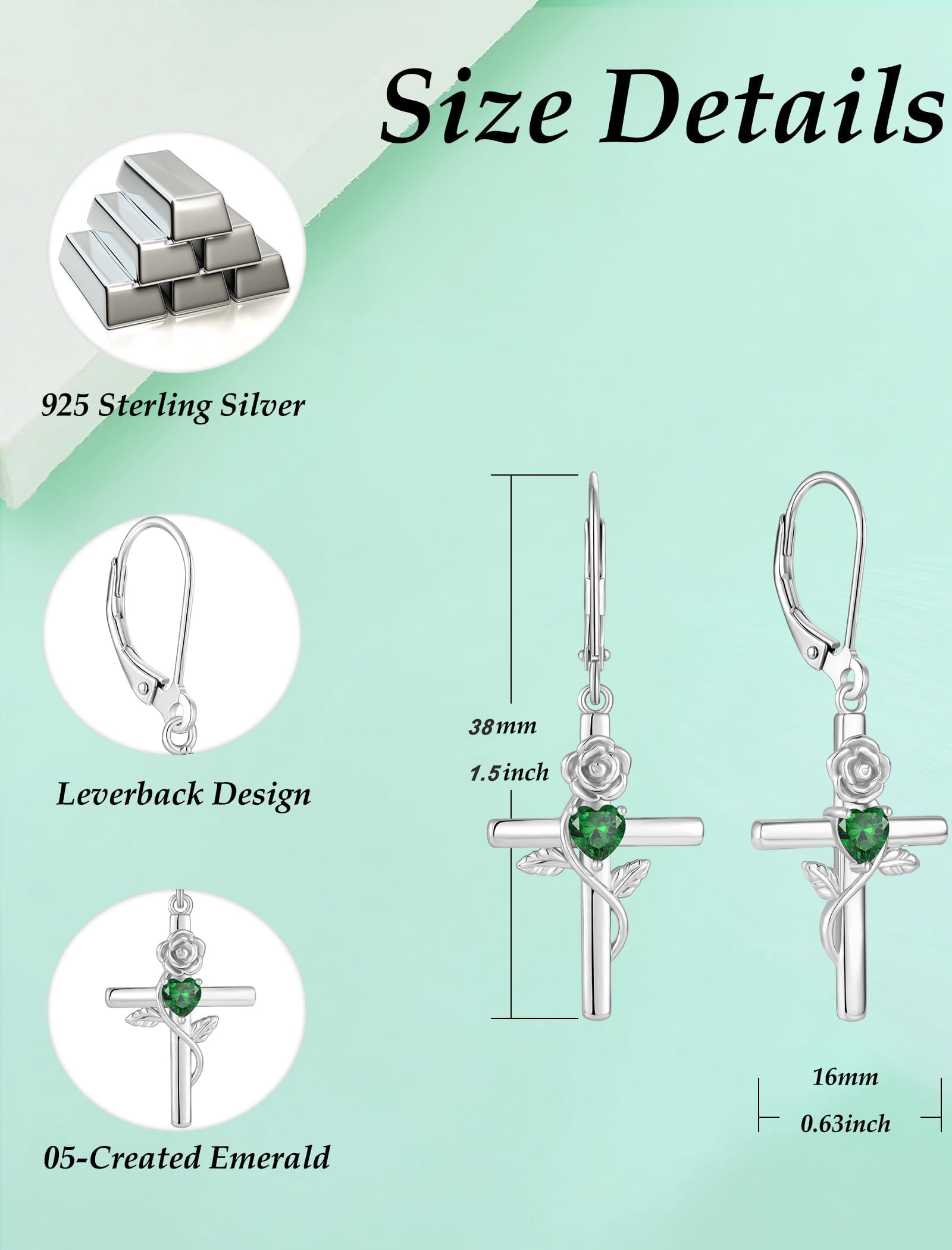 VESITIM Cross Earrings for Women Rose Flower Earring 925 Sterling Silver Dangle Drop Religious Jewelry Gift with Heart Created Emerald Birthstones