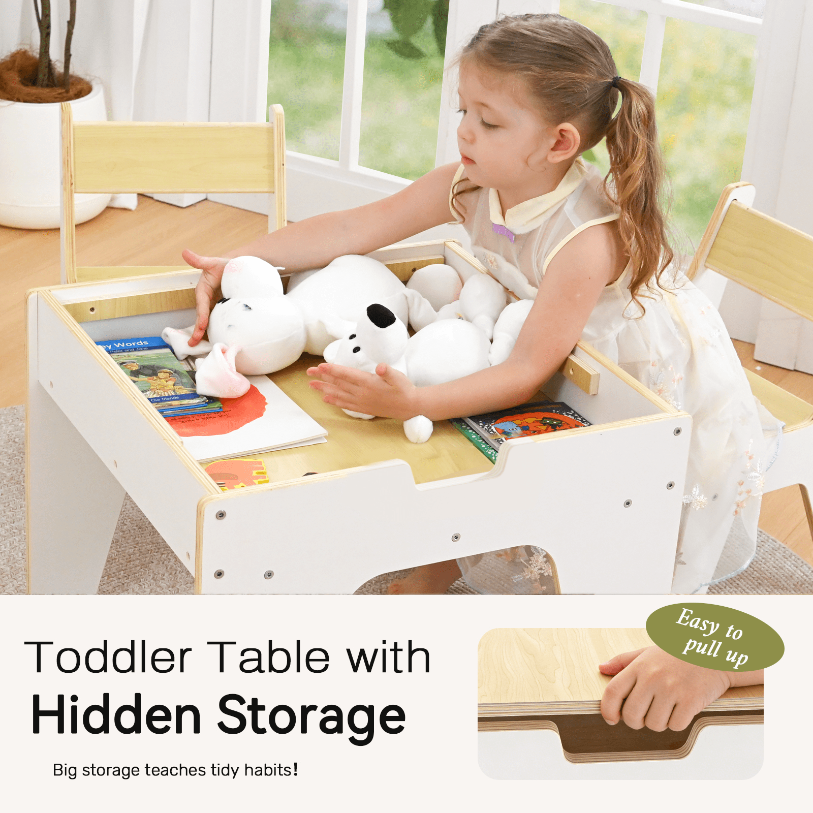 Kids Table and Chair Set, Reversible Wooden Activity Table with Board and Building Bricks Tabletop, 3 in 1 Wooden Toddlers Tables for Arts, Crafts