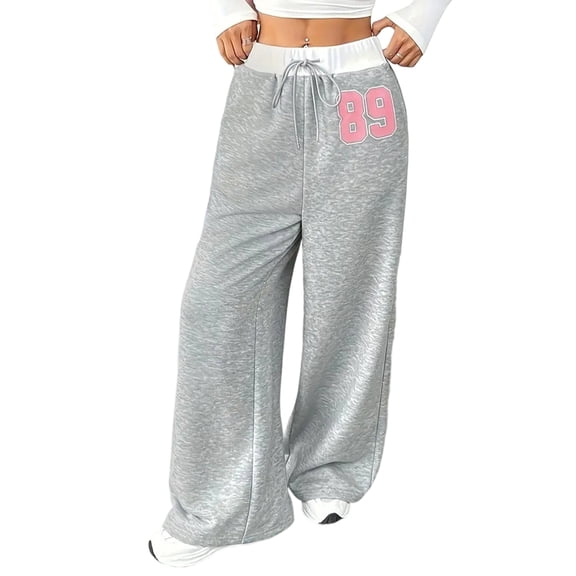 Women'S Wide Leg Baggy Sweatpants Side Striped Number Graphic Track Pants Gray S