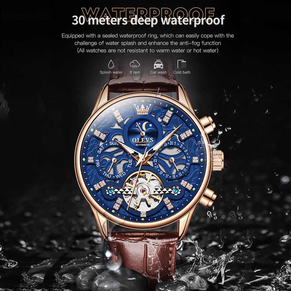 OLEVS Automatic Watches for Men Self Winding Mechanical Chronograph Skeleton Flywheel Luxury Dress Black Brown Leather Diamond Moon Phase Waterproof Luminous Mens Wrist Watches Reloj Para Hombre