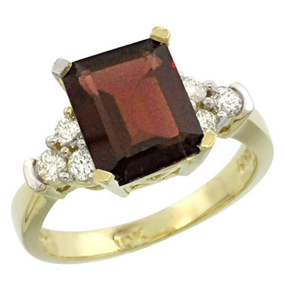 14K Yellow Gold Natural Garnet Ring Octagon 9x7mm Diamond Accent, size 6