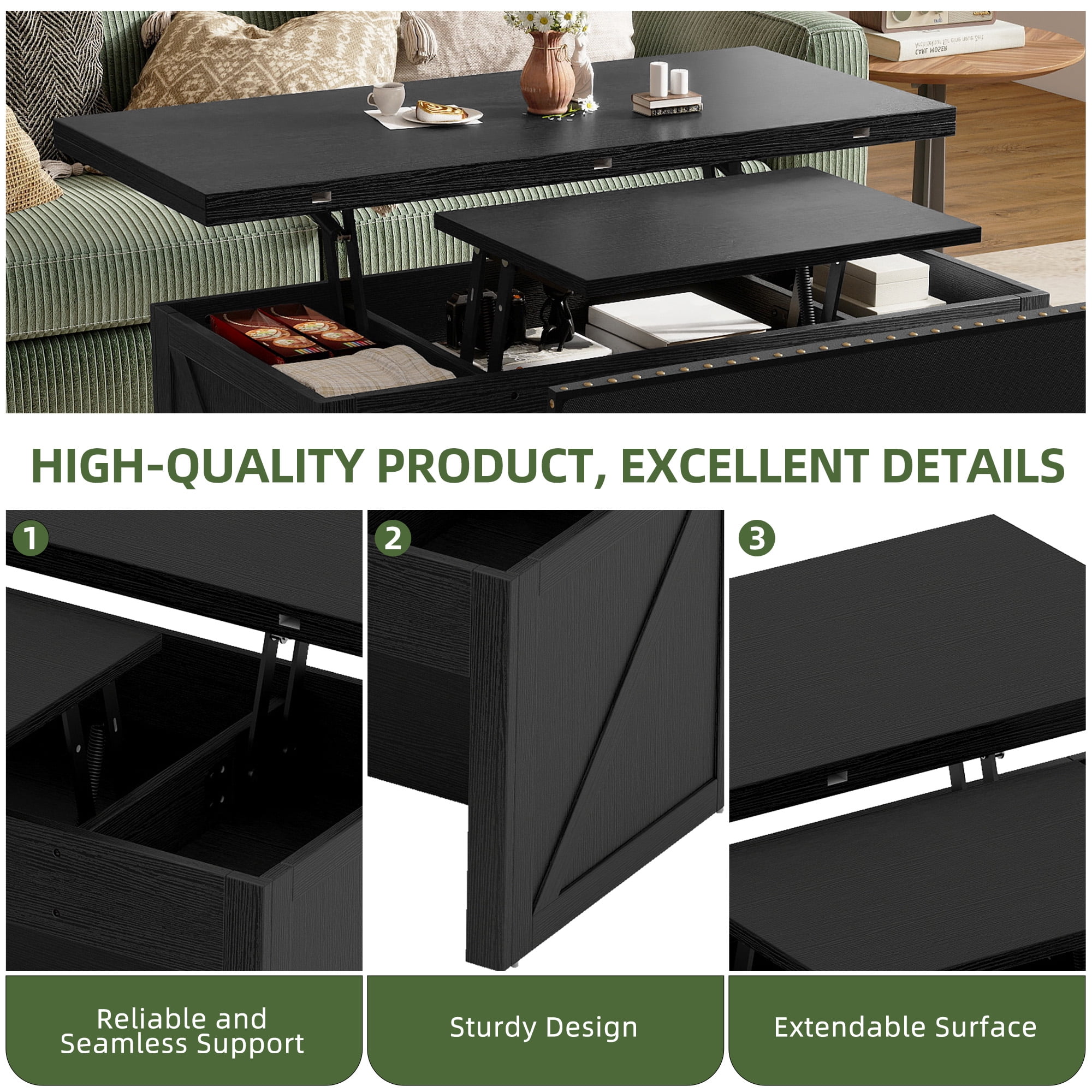Uforic Wood Lift Top Coffee Table with Rolling Ottoman Storage Bench, Black