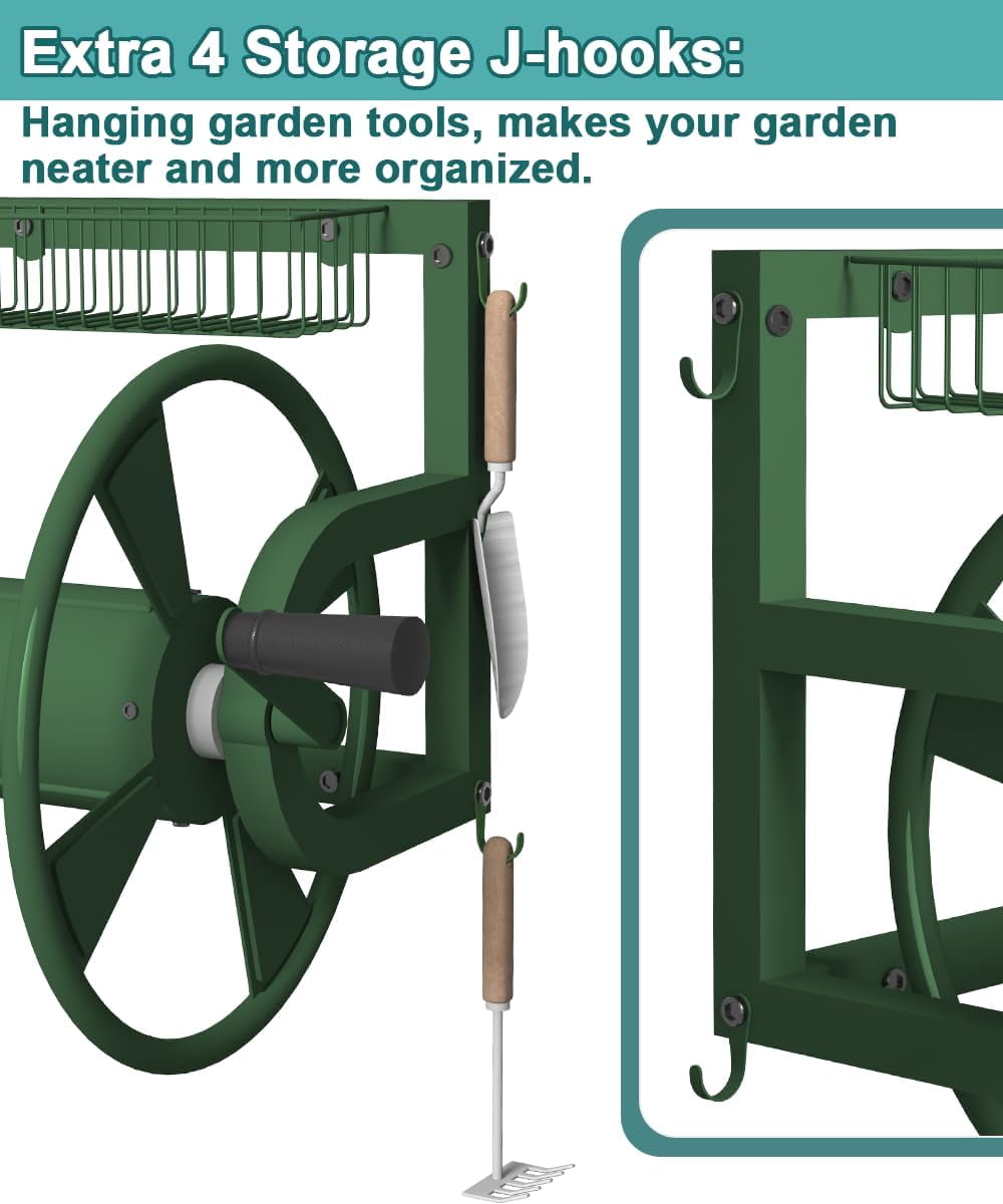 Outdoor Wall Mounted Hose Reel with Hook, Garden Heavy-Duty Water Holder Winder with 3.9 ft Leader Hose, Brass Fitting and Storage Basket for Yard, Holds 125 Ft of 5/8-Inch Hoses, Green