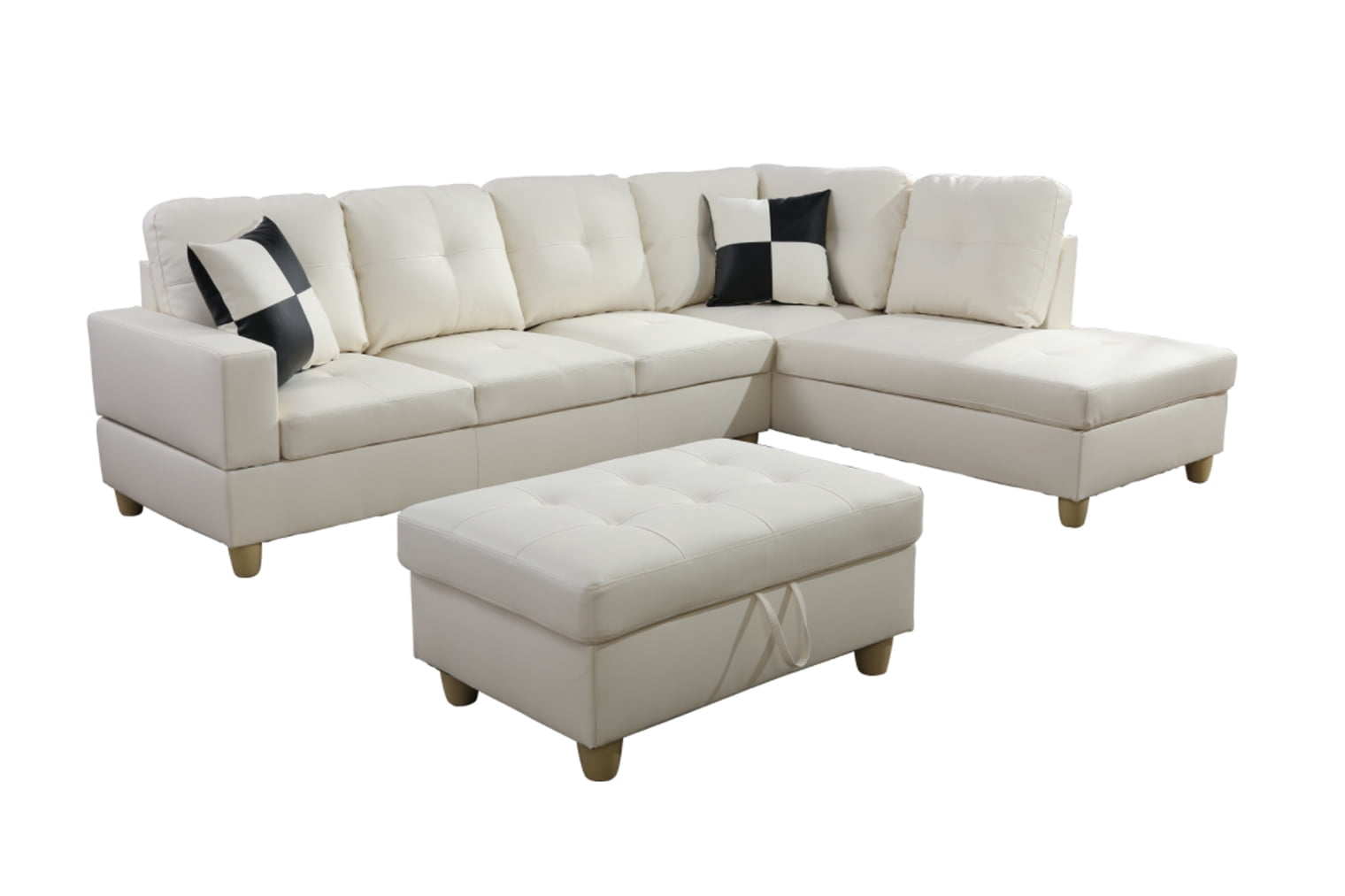 PonLiving Solid Print Faux Leather L-Shaped Sectional Sofa with Ottoman, White