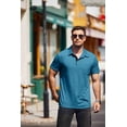 thumbnail image 3 of COOFANDY Mens Casual Polo T Shirt Short Sleeve Plaid Button Tees Pockets Golf Classic Basic Cotton Stylish Tops Bue, 3 of 9