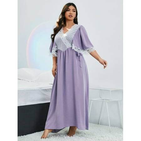 

Lilac Purple Elegant Women s Plus Dobby Mesh Insert Lace Trim Butterfly Sleeve Knot Side Sleep Dress 1XL(14) Y22001D