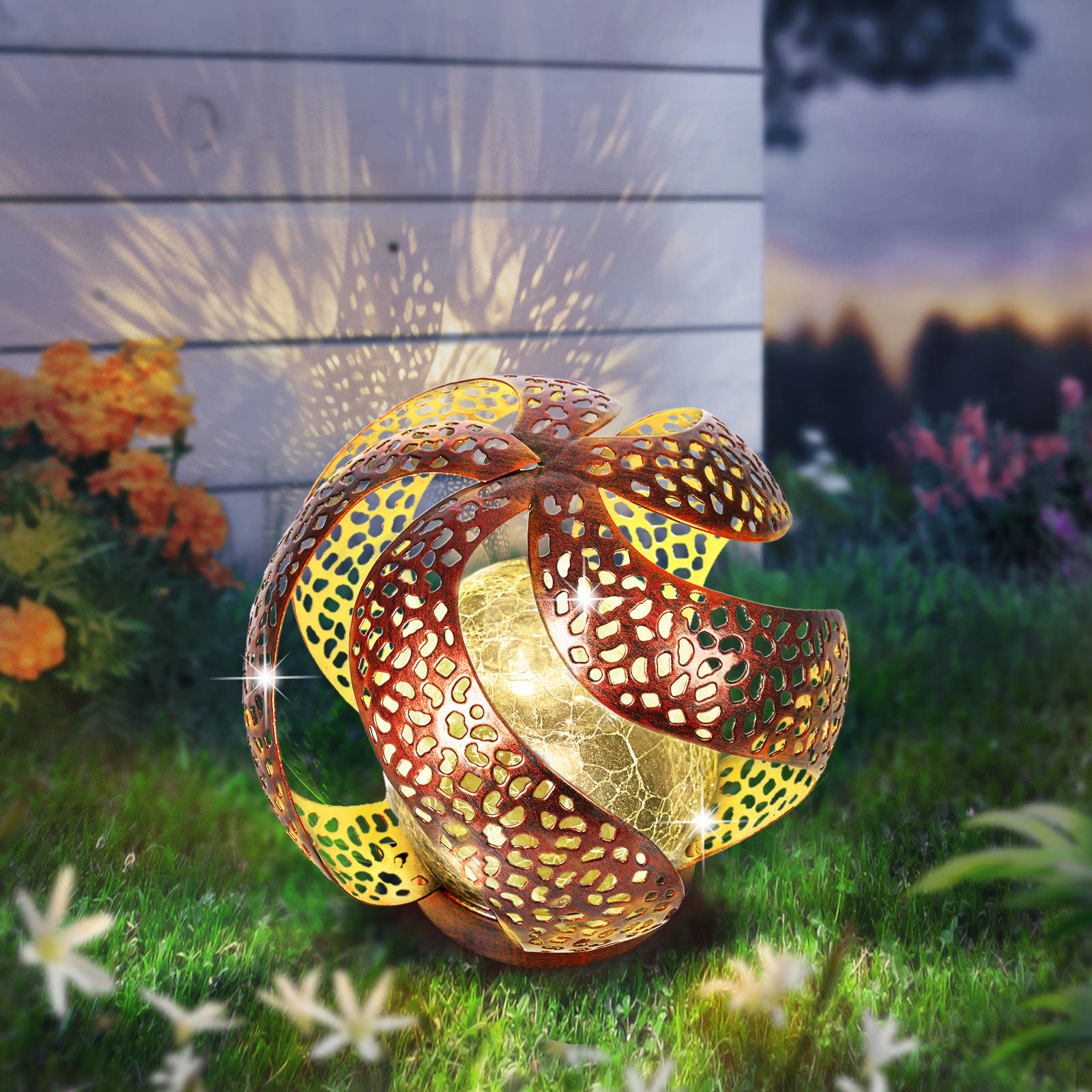 Waitmin Solar Lights Outdoor Garden Decor, Copper Metal Decorative with Crackle Glass Globe, Waterproof LED Lights