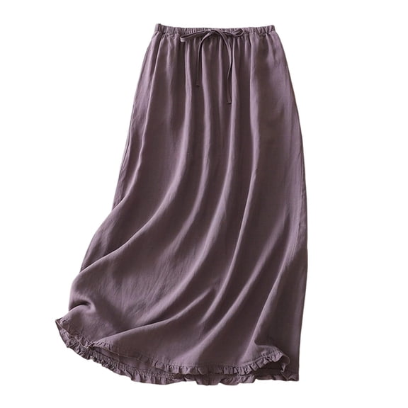 Npasoilc Linen Midi Length Skirt for Women Solid Color High Waist Elastic Drawstring A-Line Versatile Casual Half Skirts