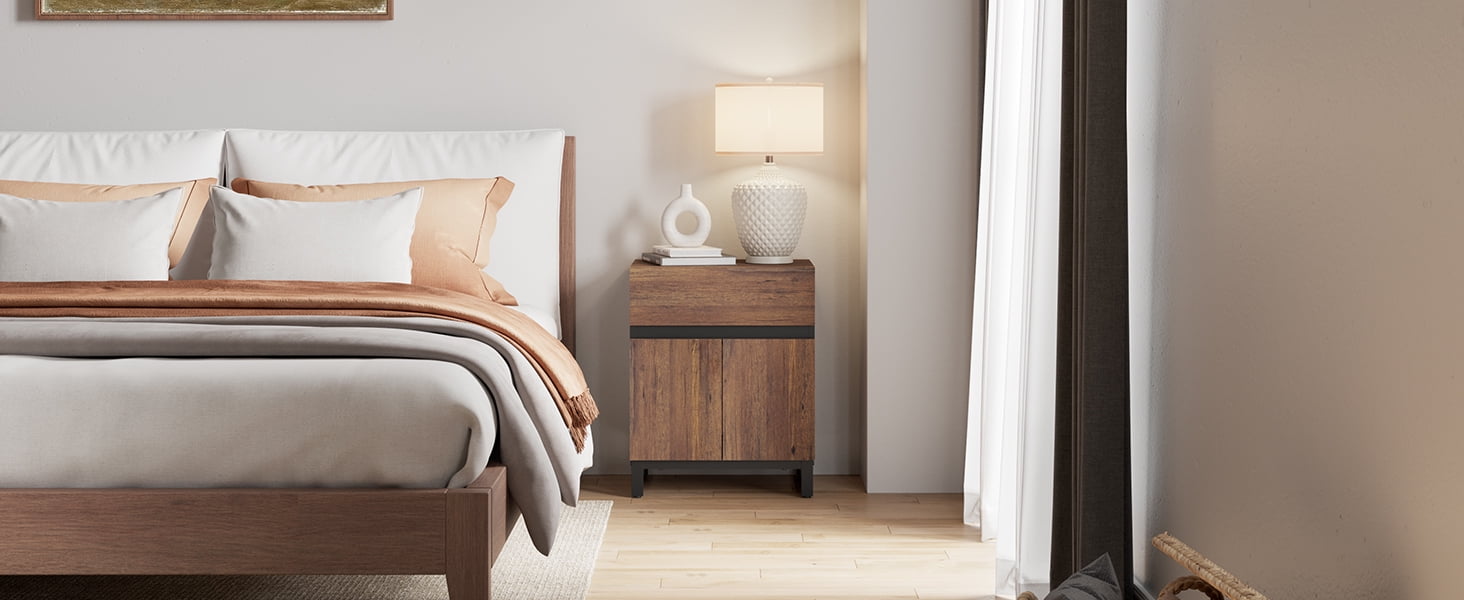 WAMPAT Nightstand with 1 Drawer & 1 Storage Cabinet, Modern Bedside Table with 2 Open Door for Bedroom, Wood Rustic Side End Table for Living Room,Brown