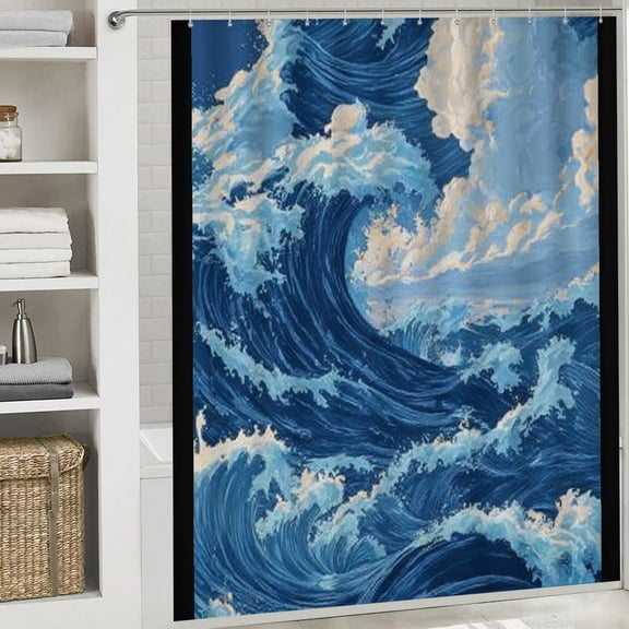 RKSupls Christmas Shower Curtain, Blue Ocean Wave Shower Curtain with Hooks for Christmas Home Bathroom Decor Washable Curtains, 72x72 in