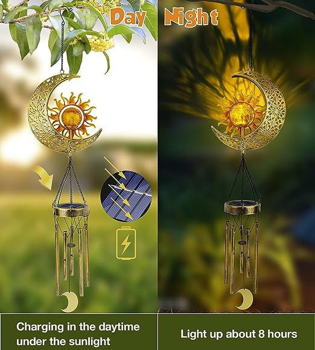 JYPS Sun Moon Solar Wind Chimes, 47-Inch Large Waterproof Windchimes for Outside with Glowing Crackle Glass Ball, Garden Patio Yard Decor Mother's Day Birthday Unique Gifts for Women Mom Grandma Wife
