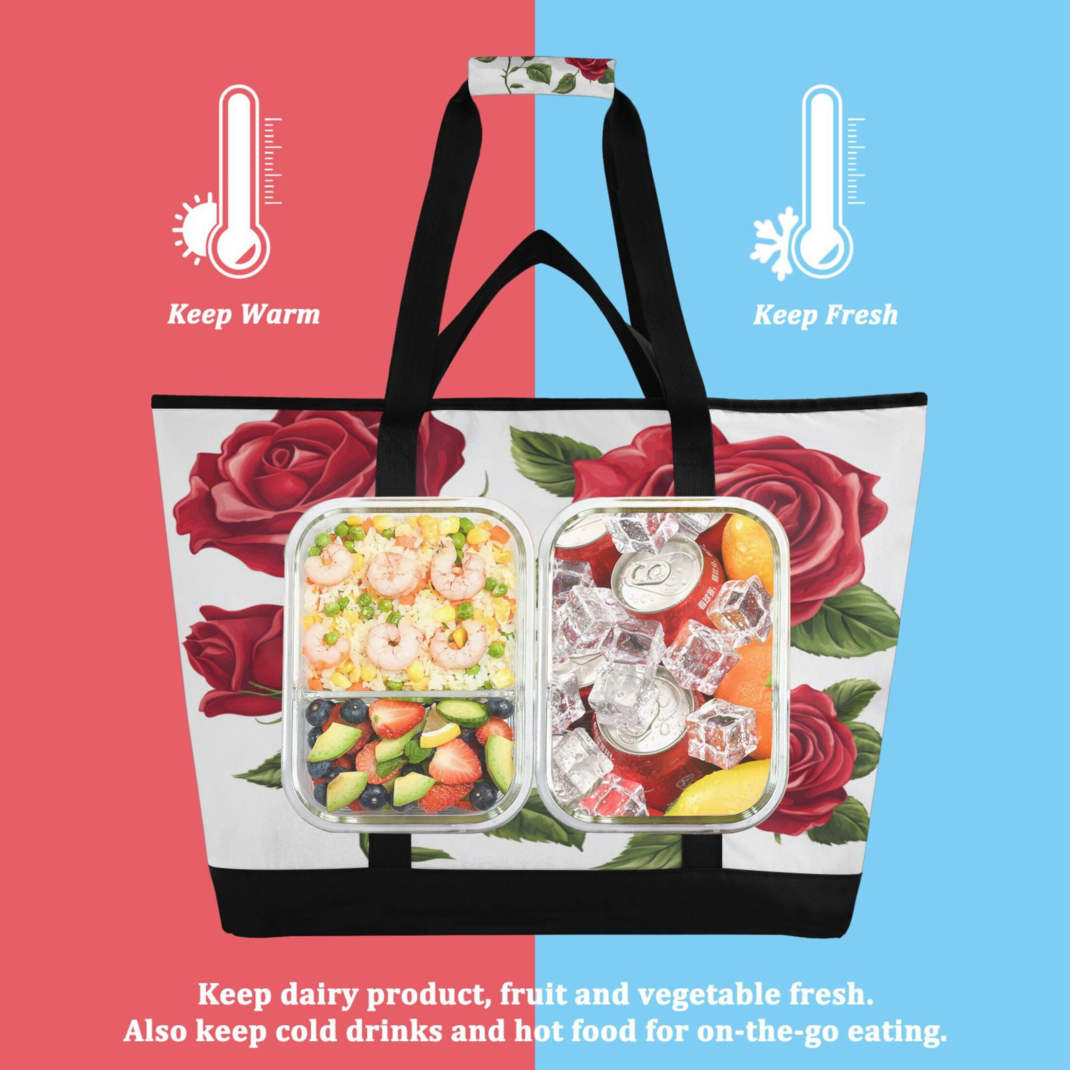 Large Hand-held Ice Pack Picnic Bag Insulation and Refrigeration Suitable for Shopping Picnics and Camping Four Roses